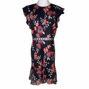 Sam Edelman Black Dress Embroidered with Red Floral Design mini Dress Size 10